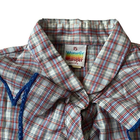 Vintage 1970s Wrangler Ruffle Blouse Blue Red White Button Up Shirt Juniors 15 - Picture 4 of 12